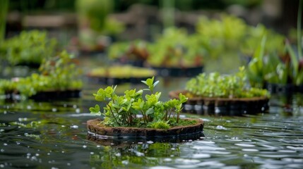 A series of floating plant beds on a pond helping to naturally filter and oxygenate the water.