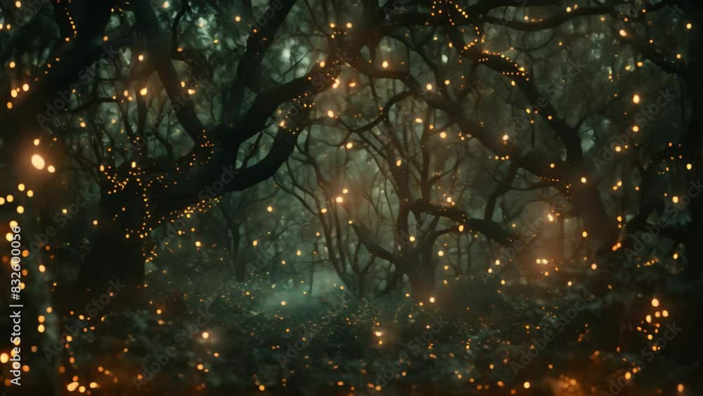 Poster lush forest teeming with fireflies illuminating the trees with their glowing presence, a mystical fo