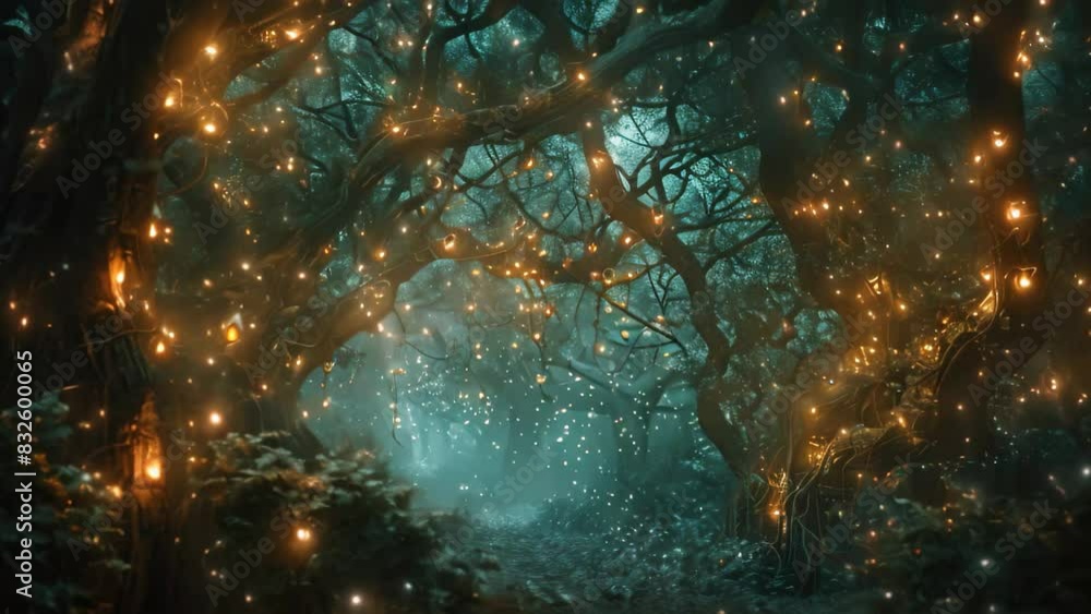 Poster a forest filled with lights from fireflies, illuminating the trees in a mystical setting, a mystical