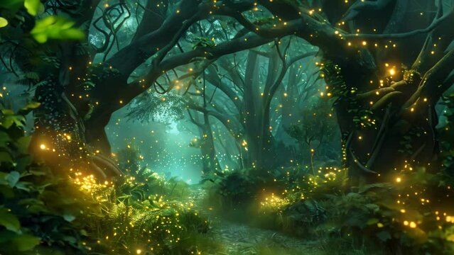 A forest abuzz with fluttering fireflies, lighting up the trees with their magical glow, A mystical forest with glowing fireflies and twisting vines