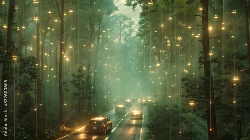 Poster forest filled with lights and trees creating a dazzling display, a network of cameras tracking a con