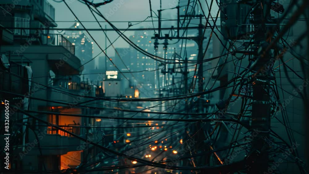 Poster city street crowded with multiple power lines and cables creating a complex network above the buildi