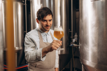Bearded brewery master holding glass of beer and evaluating its visual characteristics. Small family business, production of craft beer.