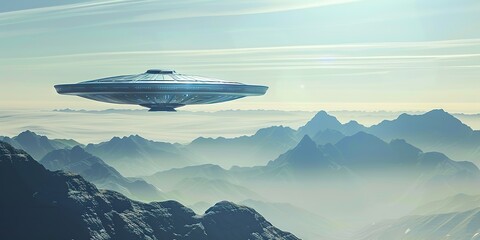 Fototapeta premium UFO hovers over misty mountains during sunrise.