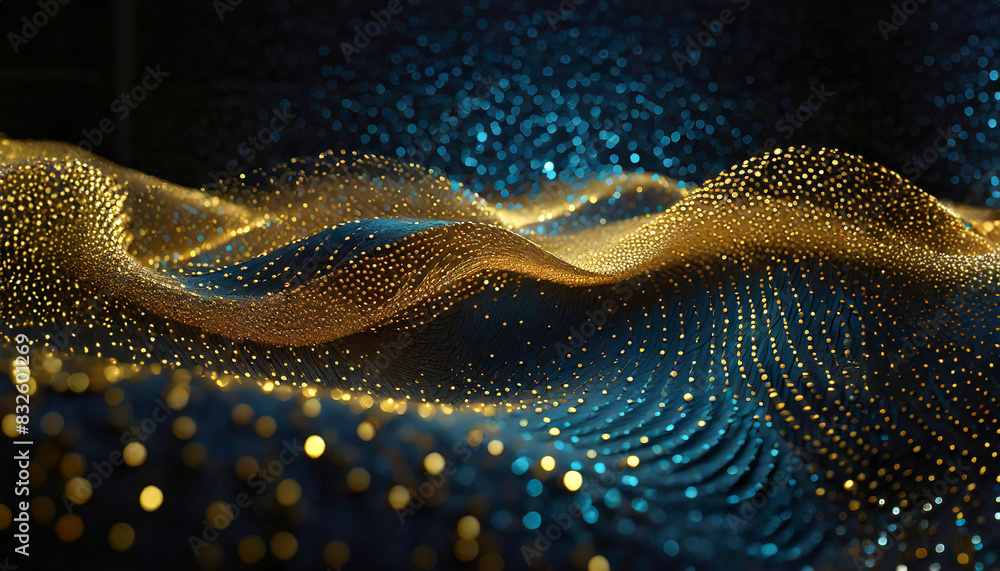 Poster illustration of abstract background with golden particles bokeh forming wave on a blue backdrop. lux