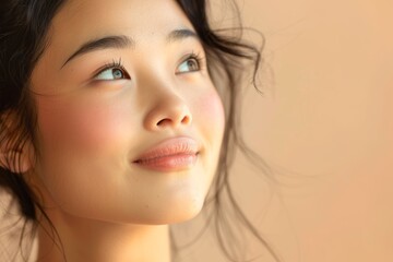 Naklejka premium Contemplative Asian Woman Face Close-Up. Generative AI.