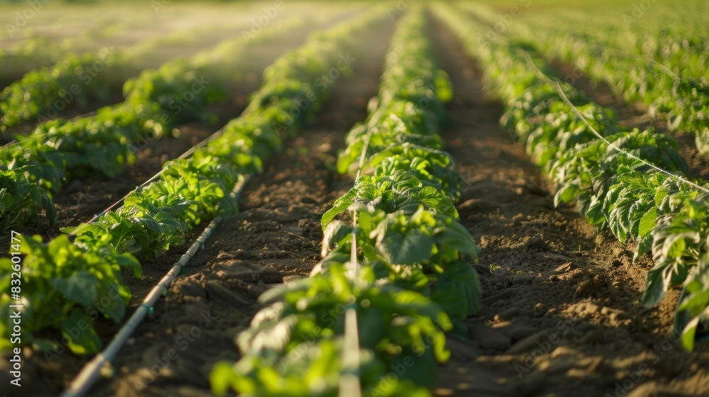 Poster a large field with several rows of crops each one connected to a drip irrigation system for optimal 