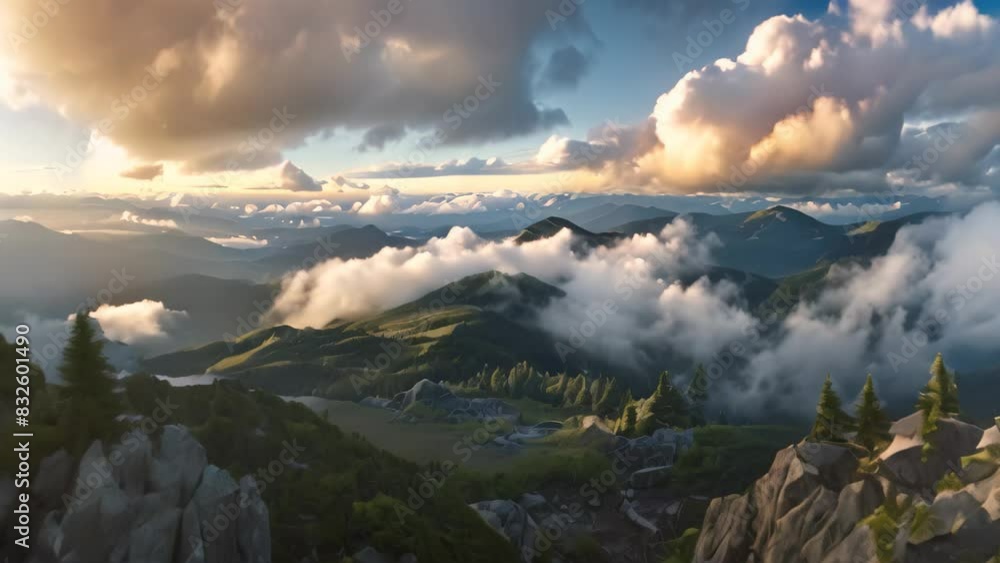 Poster panoramic view of mountains and clouds from the top of a mountain, a panoramic view from a mountaint