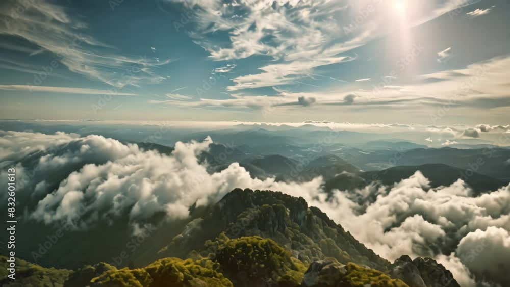 Poster overlook of clouds and mountains from high elevation, a panoramic view from a mountaintop with cloud