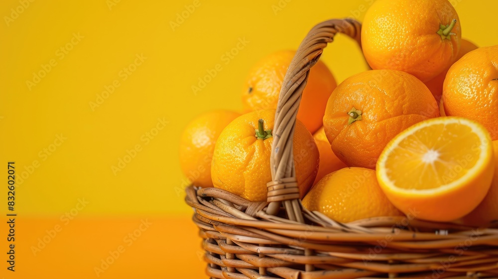 Poster close up image of a wicker basket filled with fresh oranges on a bright yellow background with room 