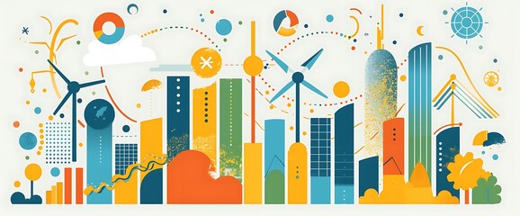 A creative, illustrative bar graph with bold, colorful bars and symbols representing the growth of wealth in the renewable energy sector.