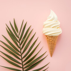 Top view of ice cream cone and palm leaves on pastel pink background.