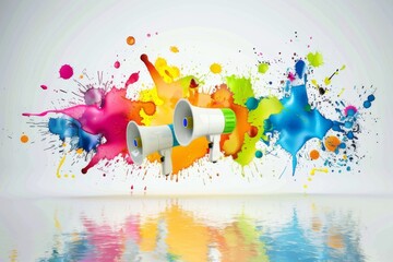 Two megaphones in front of a colorful splash background, symbolizing vibrant and dynamic marketing and advertising.
