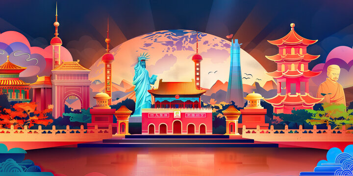 Cultural Diversity Symposium: Stage decorated with traditional artifacts, ethnic textiles, and cultural performances, backdrop showcasing diverse global landmarks and heritage sites