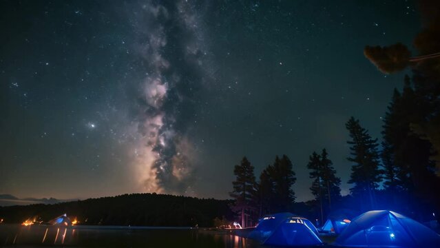 A tent is pitched next to a lake under a night sky filled with stars, A peaceful lakeside campground with tents pitched under a sky full of stars