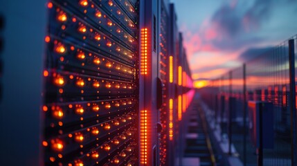 A close-up of a grid-scale energy storage facility, with rows of large batteries storing excess renewable energy for use during peak demand periods, demonstrating the importance of