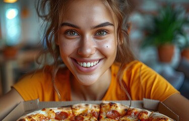 Young woman enjoys pizza in her modern kitchen, seated by table with open food box