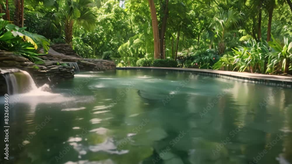 Poster A pool featuring a waterfall cascading down from the center, creating a tranquil oasis, A peaceful oasis with the sound of water lapping against the pool edges