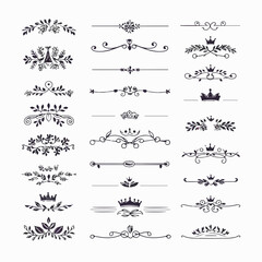 A collection of ornate design elements, primarily in the form of decorative dividers or borders. These designs are symmetrical and feature a mix of floral and crown motifs. They are positioned horizon