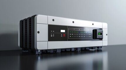 A detailed image of a hybrid inverter system used in renewable energy applications, featuring its LCD display, connection ports, and battery backup integration, showcasing its vers