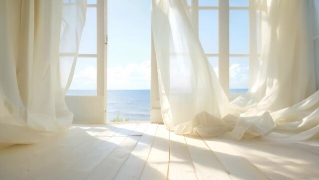 An open window with billowing white curtains, revealing a view of the ocean, A peaceful space with white curtains billowing in the breeze