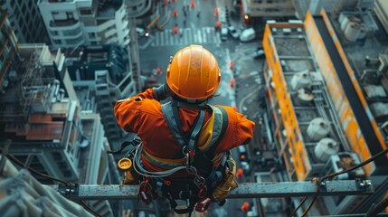 Fototapeta premium A high-angle view of a construction worker wearing a hard hat and safety harness, working on a building site surrounded by safety cones and barriers, highlighting the importance of