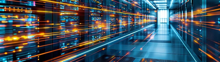 Obraz premium Streamlined data operations A data centers interior glowing with trails of data transmission lights, highlighting the efficiency and power of advanced technological systems