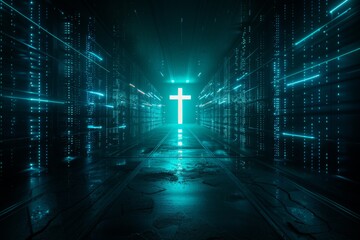 Digital Christian cross god Jesus Christ technological background religion illustration modern computer internet religious shining glowing data science accessible Bible spiritual cyberspace