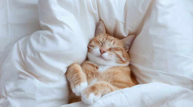 Um gato fofo dormindo em um travesseiro branco na cama