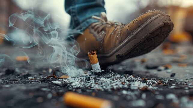 A person stepping on a cigarette butt on the ground, with a close-up focus on the foot and crushed cigarette