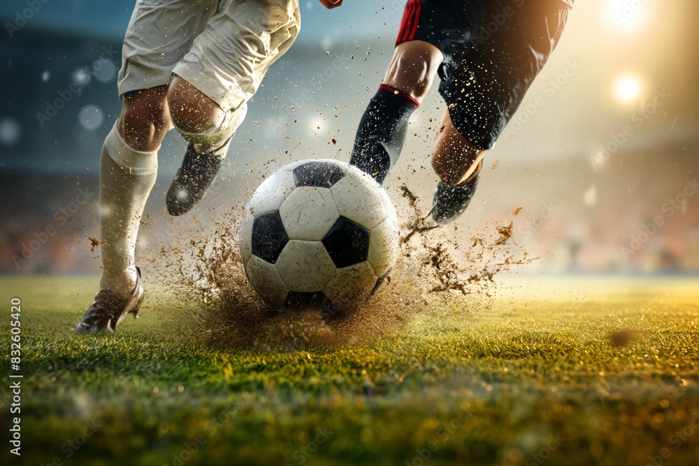 Wall mural soccer players dribbling struggling and kicking a ball on a field