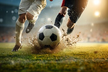 Soccer players dribbling struggling and kicking a ball on a field