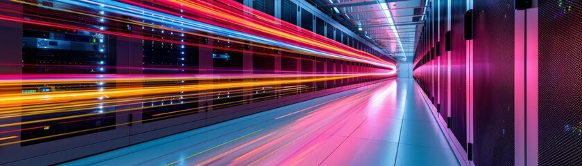 Fototapeta premium Digital data in motion Long exposure inside a data center showing the movement of light as a metaphor for streaming data, emphasizing the beauty and complexity of modern computing