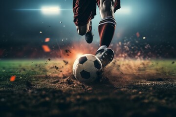 A soccer player dribbling and kicking a ball on a field