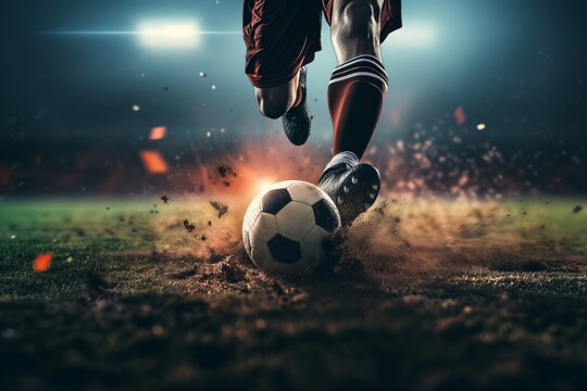 Fototapeta A soccer player dribbling and kicking a ball on a field