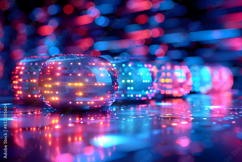 Poster a futuristic, colorful display of glowing orbs with dynamic lights and reflections