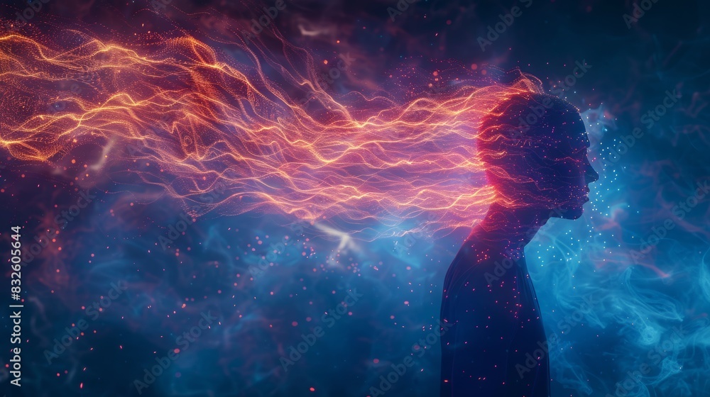 Poster a visual metaphor of a person's silhouette with glowing lines representing energy flowing into and o