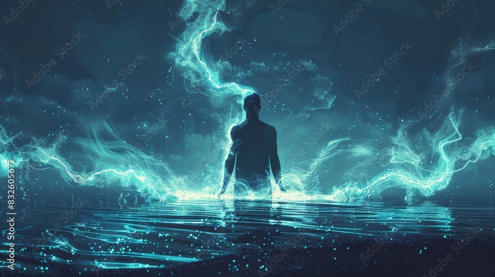 Poster a visual metaphor of a person's silhouette with glowing lines representing energy flowing into and o
