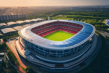 Aerial top view of a soccer football field stadium
