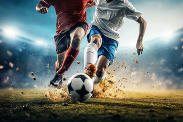 Soccer players dribbling struggling and kicking a ball on a field