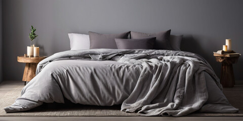 A minimalist bed with a single, delicate throw blanket, set against a soft, gray wall, with a subtle, gradient shadow