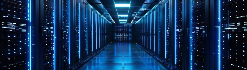 Fototapeta premium Hightech data center with rows of servers glowing under blue lights, a symbol of modern data storage and cloud computing power