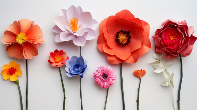 paper flowers, 6 different type of flowers, separated from each other, palin white background --ar 16:9 Job ID: 8bc5226c-64a7-4e0e-96f4-9f7011c3ca3e