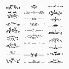 A collection of ornate design elements, primarily in the form of decorative dividers or borders. These designs are symmetrical and feature a mix of floral and crown motifs. They are positioned horizon