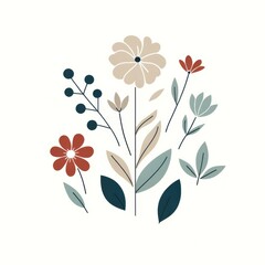 Flower illustration pattern foliage in 2d flat style plain background, minimal style 
