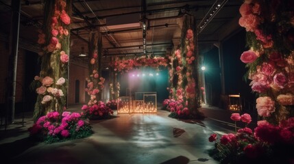 Obraz premium Elegant Floral Installation in Grand Hall with Dramatic Lighting `` 