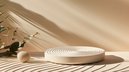 Graphic pattern design for a contemporary product mockup, showcasing a white circular platform against a beige backdrop with subtle shadows