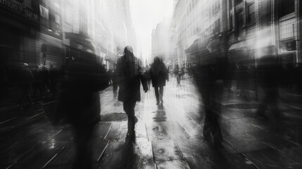 Dynamic Motion Blur. Blurred People Walking on city streets 
