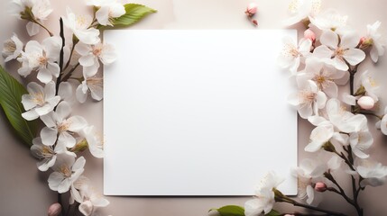 Graphic design of a sophisticated mockup layout, with a blank sheet of paper and natural floral accents, creating a serene and uncluttered composition