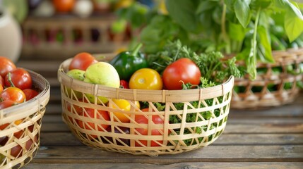 A woven bamboo basket ideal for holding fresh fruit or vegetables.